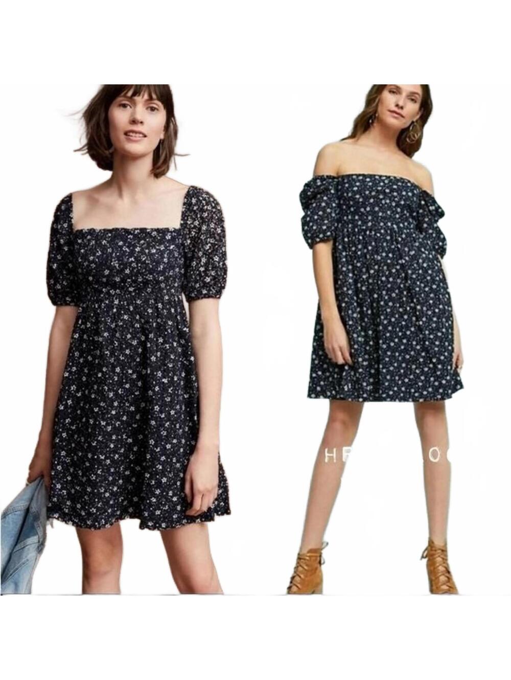Anthropologie Maeve Navy Floral Eyelet Puff Sleeve Babydoll Mini Dress Sz 6 - Picture 3 of 9